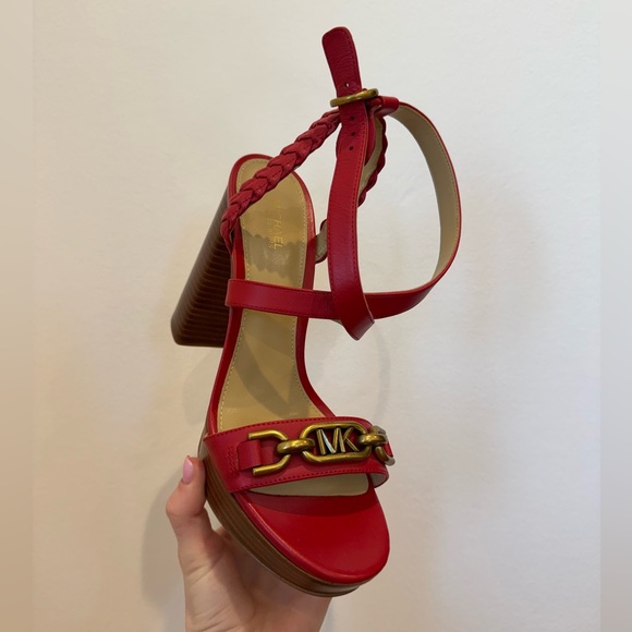 Michael Kors Women Red Kailey Leather Braided Strap Chunky Platform Heels Size 8 - Picture 12 of 15